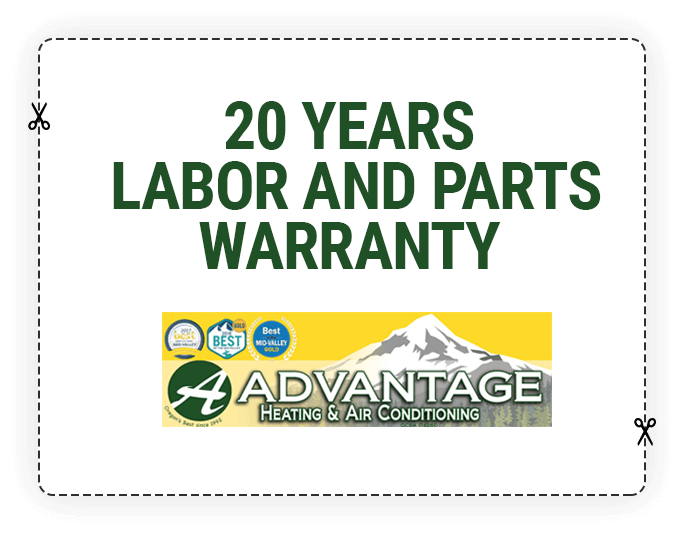 Advantage Heating & Air Conditioning 20 years labor and parts warranty promotional banner