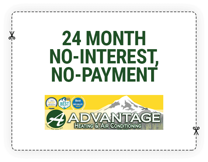 Advantage Heating & Air Conditioning 24 month no interest, no payment promotional banner