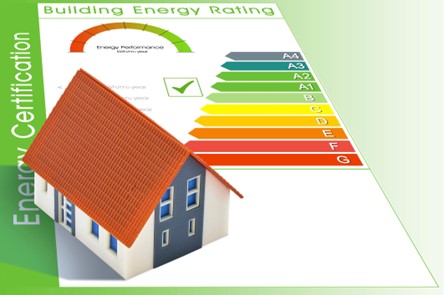 A house with a red roof and a chart of energy efficiency