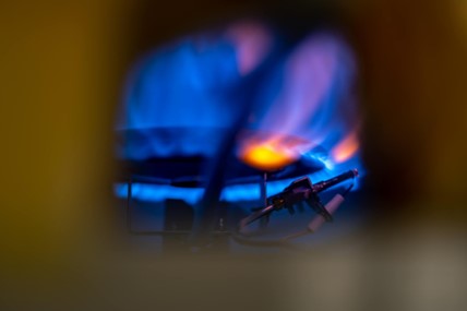 Close-up of a gas stove with blue flames
